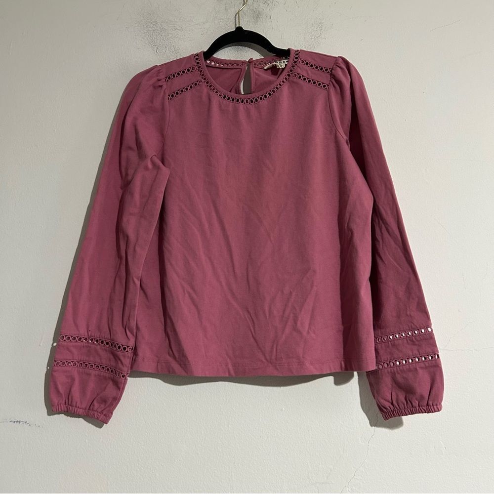Boden Flo Trim Detail Long Sleeve Cotton Top Pink Size 6